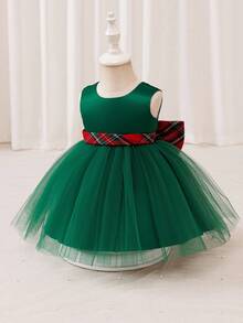 Glamorique Kids Vestido de satén verde con encaje para niñas con lazo grande en la espalda a cuadros, cinturón de cintura de color block, vestido de tirantes, vestido de cumpleaños para bebé niña, disfraz de fiesta de actuación, vestido para bebé niña - Verde - Ver 4