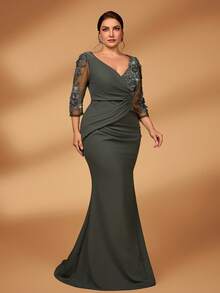 Serin Plus Size Autumn And Winter Elegant Gorgeous Luxury Lace Beads Applique See-Through Long Sleeves Spliced ​​Stretch Knit Gathered Mermaid Hem Dress Suitable For Wedding Events Bachelorette Party Holiday Dance Dinner Mother Of The Bride Dress Guest Dresses, Valentine's Day - Dark Green - View 7