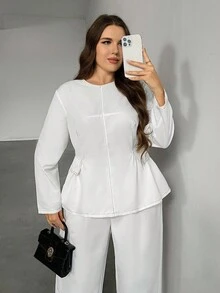 Firerie Plus Size Casual Solid Color Long Sleeve Top And Pants 2 Pieces Set, Suitable For Commuting, Autumn - White - View 3