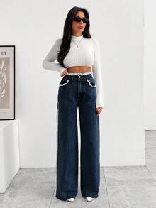 Hochsitzende Weite Jeans mit ausgefranstem Tasche