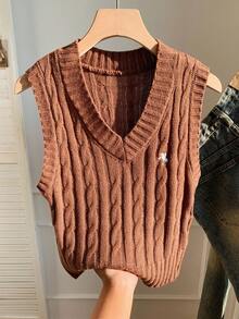 Comfortcana 女式休闲简约咖啡棕色马术图案针织毛衣背心，秋冬上衣 - 咖啡棕 - 查看 5