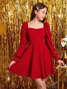 Pitira 少女派对装圣诞红/针织/冬季/优雅蚂蚁/派对/串珠泡泡袖长袖/珍珠扣/短裙，太阳下摆连衣裙 - 紅色 - 查看 9
