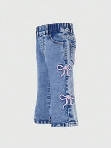Baby Girls' Flare Jeans, Autumn/Winter New Arrival, Blue Denim, Outdoor & Casual Wear, Soft Cotton, High Elasticity, Embroidered Bowknot, Versatile Fashion Item, Elastic Waistband, Fitted Silhouette, Suitable For Home, Outings, Vacations, Photoshoots, Wardrobe Essential, Gatherings, Daily Wear (Top Not Included) Fall - Medium Wash - View 5