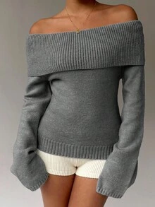 FavEase Women's Casual Solid Color Foldover Off Shoulder Pullover Sweater, Autumn - Grey - View 5