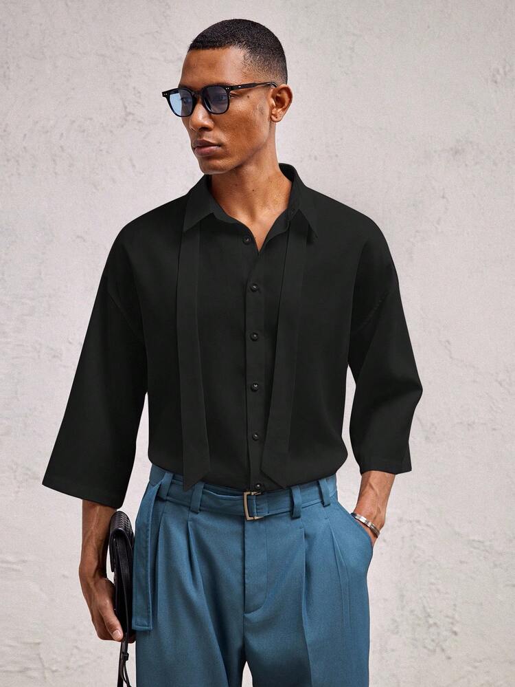 Men's Loose Fit Raglan Short Sleeve Collared Casual Shirt, Suitable For Daily Wear, School