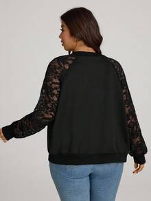 Comfylo Plus Contrast Lace Raglan Sleeve Bomber Jacket Fall Women Clothes Fall Clothes Plus Size Fall Outfits For Women  Fall Outfits Women Winter Autumn