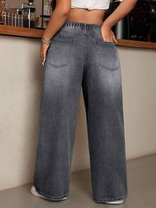 EURMUSE Plus Size Women High Waist Pockets Distressed Wide Leg Loose Casual Jeans - Grey - View 3