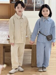 Genkimix Kids 女童灯芯绒衬衫和宽松长裤两件套，蓝色 - 藍色 - 查看 3