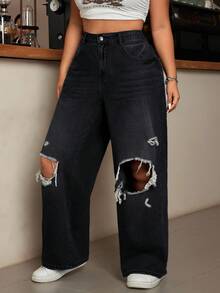 EURMUSE Plus Size Women High Waist Pockets Distressed Wide Leg Loose Casual Jeans - Dark Wash - View 5