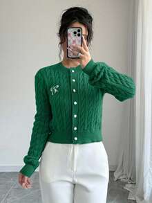 EURMUSE Women's Autumn Cable Knit Long Sleeve Bow Embroidery Cardigan - Green - View 4