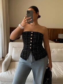 Dripcurv Plus Size Women's Elegant Plaid Front Button Camisole Top, Summer,Women Metal Shell Decor  Fashion Tops,Business Casual Woman,Going Out Tops Women,Old Money Style Women,,Travel, Commuting, Party, Vacation, Old Money Style, Shopping, Banquet, Elegant, Party, Date,Winter,Fall ,Autumn,Halloween,Christmas ,New Year,Thanksgiving, Party - Black - View 1