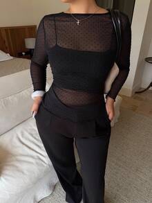 Dripcurv Plus-Size Women's Black All-Season Fashionable Sexy Sheer Polka Dot Mesh Top, Perfect For Valentine's Day And New Year's, Urban Minimalist Style. - Black - View 1
