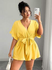 Elenzga Plus Size Women Woven Solid V-Neck Ruffle Sleeve Tie Waist Wide Leg Jumpsuit, Casual Holiday - Pale Yellow - View 1
