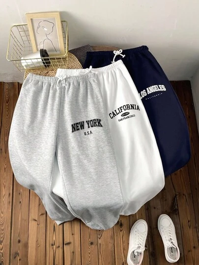 SHEIN 3pcs/Set Teen Girls' Casual Floral & Letter Print Jogger Pants, Navy Blue, White, Gray, Sports & Street Style Sweatpants Fall Winter