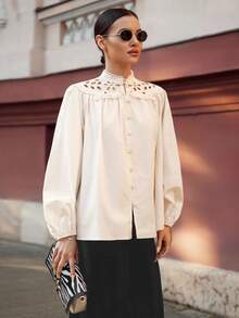 Ontre 2025 New Women's Hollow Embroidery Patchwork Button Lantern Sleeve Loose Fit Casual Office Elegant Teacher's Day Blouse, Suitable For Autumn/Winter