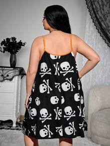 SHEIN CURVE+ Váy ngủ in hình bộ xương Halloween cỡ lớn cho nữ cỡ lớn/Mùa thu/Đông - Nhiều màu - Xem 2
