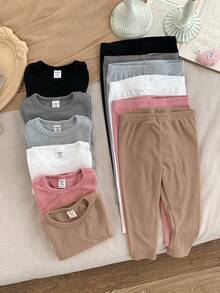 SHEIN LMoss Kids LMoss 6pcs/Set Baby Girl Cute Knitted Elastic Waist Solid Color Pants,Autumn/Winter Leggings Newborn Fall - Multicolor - View 8