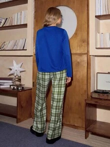 SweetSlumber Bộ đồ ngủ họa tiết gấu bông cổ tròn và quần pijama kẻ caro cho nữ Bộ đồ ngủ gấu bông màu xanh, dành cho mùa thu, Giáng sinh - Nhiều màu - Xem 2
