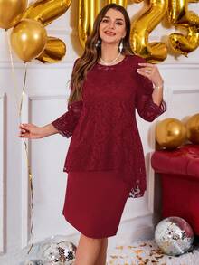 EMERY ROSE Đầm dự tiệc màu đỏ sang trọng, trang phục mùa đông cho nữ, ngày lễ tình nhân, cổ tròn tay dài, viền cong, viền ren cỡ lớn - Đỏ - Xem 3