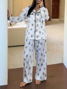 DAZY Ditsy Floral Contrast Lace Trim Women Pajama Set, Fall Clothes - White - View 5