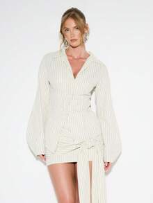 KIZN Professional Pinstripe Button Down Blouse Asymmetric Design Business Wear Statement Long Sleeve Office Shirt - Apricot - View 3