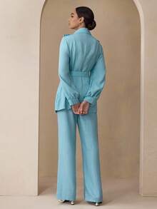 Graceveil Bộ 2 chiếc áo sơ mi và quần dài màu trơn thanh lịch dành cho người đi làm - Màu xanh lam - Xem 3