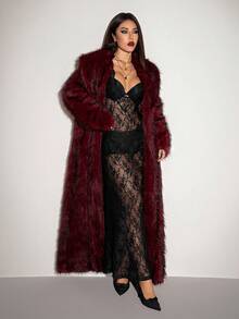 SHEIN ICON Y2k 女式勃艮第哥特式派对时尚长款人造毛皮大衣，冬季大衣，毛皮大衣，泰迪大衣 - 紅色 - 查看 4