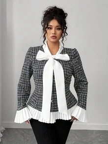 Elenzga Plus Size Women's Popular Short Jacket With Bow Collar, Color Block Design, Pleated Details, Autumn/Winter Fall - Multicolor - View 4