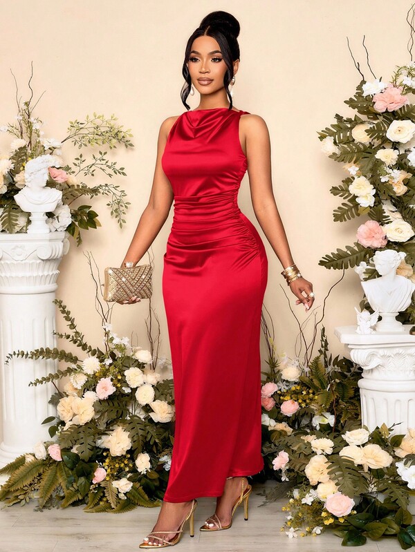 SOLERSUN Vestido de fiesta elegante de mujer con cuello drapeado, sin mangas y fruncido en la cintura, perfecto para banquetes