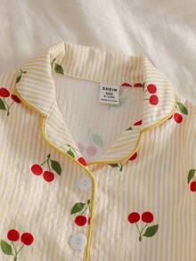 Girls Bubble Chiffon Yellow Striped Cherry Blossom Open Front Long Sleeve Top + Loose Yellow Striped Cherry Blossom Bubble Chiffon Pants, Comfortable Fall Winter