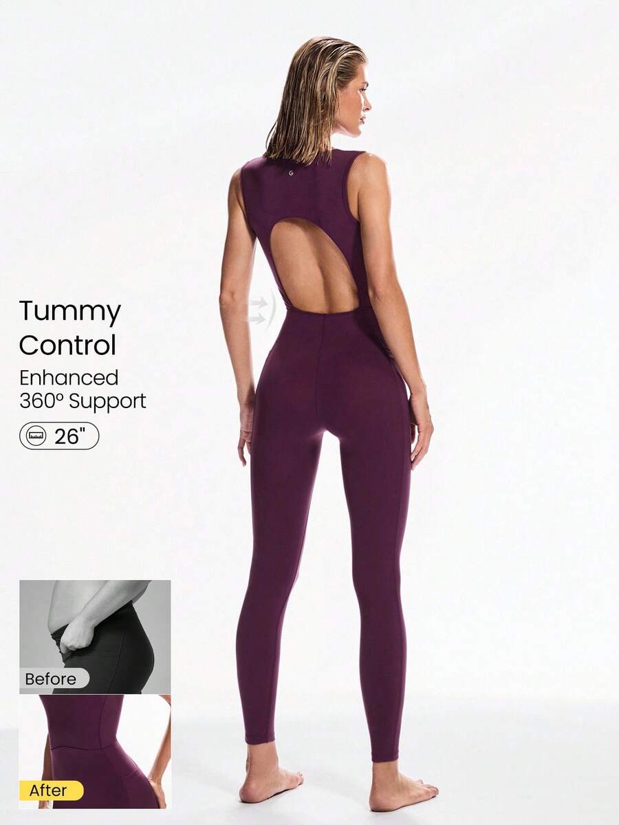 GLOWMODE 26'' FeatherFit™-Air Sweat-Wicking Quick-Dry Flow And Go Tummy Control Cutout Back Square Neck Back Athletic Workout Romper Bodyduit With Side Pockets Non-Slip Grips Low Impact Yoga Pilates Studio Daily Casual Wear - Cherry Cola - View 1