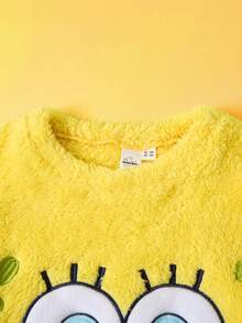 SpongeBob SquarePants | SHEIN Tween Girl Cartoon Embroidered Crew Neck Long Sleeve Top And Coral Fleece Pants Pajama Set, Suitable For Autumn/Winter Fall - Yellow - View 3