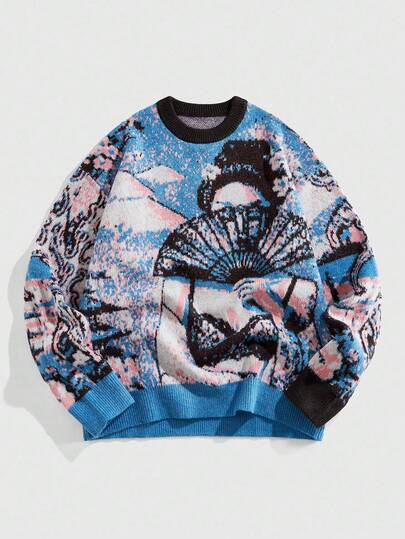 Street Life Men's Fashionable Portrait Jacquard Knit Sweater, Autumn/Winter