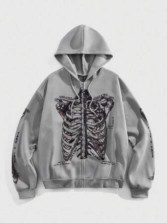 Goth Men's Autumn Street Skeleton Letter Print Zip-Up Drawstring Hoodie Sweatshirt