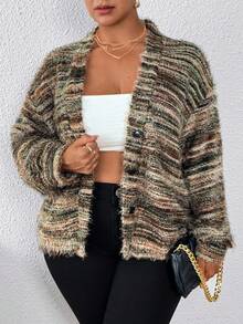 SHEIN PETITE CURVE Plus Size Plus Size Textured Cardigan Casual Y2k 90's Stripe Knit, Suitable For Autumn And Winter Plus Size Cardigan Petite Cardigan Curve Cardigan Knit Cardigan Fuzzy Knit Cardigan Fall - Multicolor - View 4