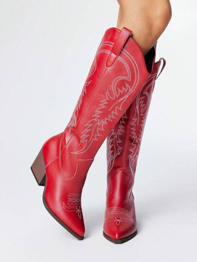 Fairycore Women's Autumn/Winter New Pointed Toe Chunky Heel Embroidered Ankle Boots, Leather Outdoor Fashion Slip-On Western Cowboy Boots