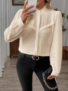 EMERY ROSE 女式纯色前扣长袖简约荷叶边上衣，休闲日常女式衬衫 - 杏色 - 查看 4