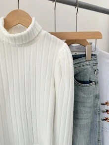 SHEIN 少女纯白色罗纹高领灯笼长袖T恤，休闲日常穿着，可与妈妈亲子装搭配，时尚秋季款