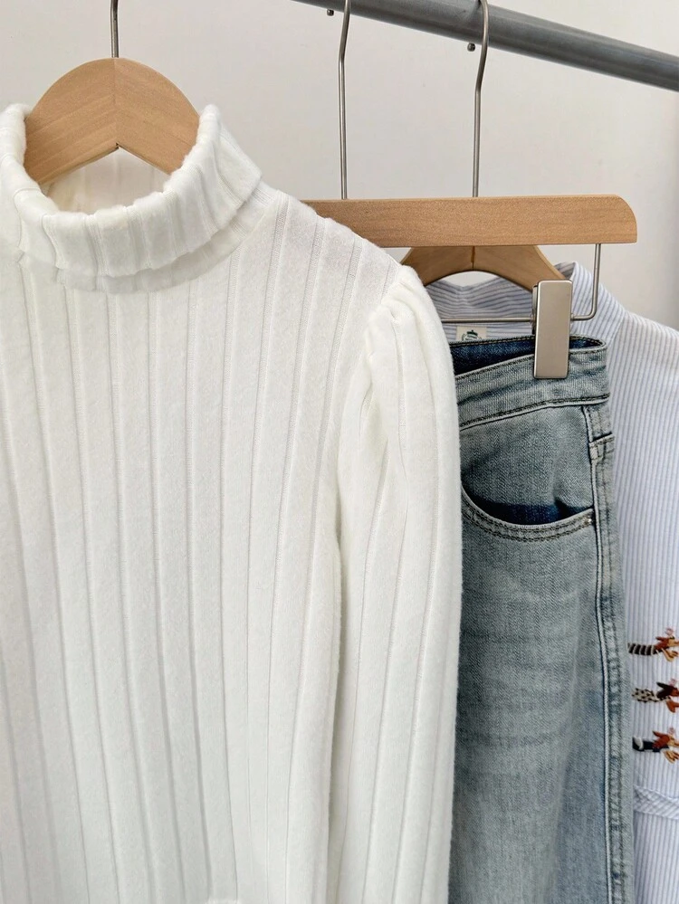 SHEIN חולצת טי עם שרוולים ארוכים וצווארון גולף מבד מצולע לבן אחיד לבנות, לבוש יומיומי קז'ואל, תואם לאמא ואני, סתיו שיקי - לבן - ראה 7