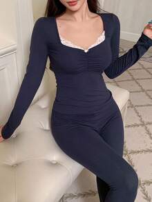 DAZY Women's Autumn/Winter Lace Patchwork Ruched Design Fitted Loungewear Set, Fall Clothes Pajama, Cozy Outfit - Navy Blue - View 4