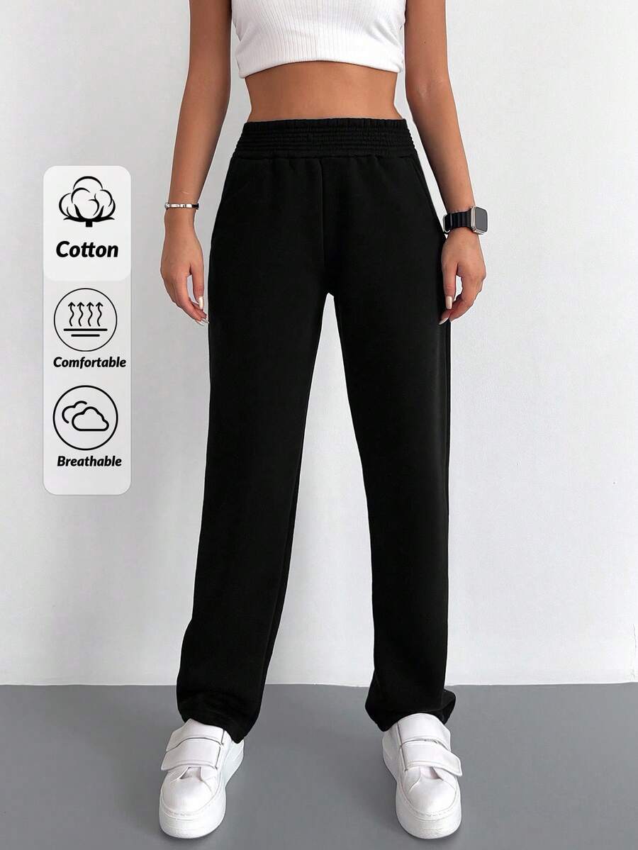 EURMUSE Cotton Solid Elastic Waist Straight Leg Sweatpants - Black - View 1