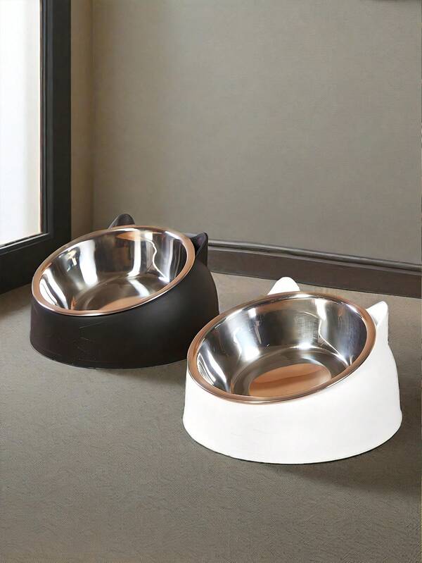 Zazumi Tigela elevada de aço inoxidável para gatos PETSIN com suporte fofo para orelhas - Tigela inclinada 2 em 1 para comida e água para proteção do pescoço