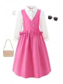 Tween Girls Spring/Autumn Back To School New Woven Fabric White Collar Long Sleeve Shirt Set With Fuchsia Bow Vest And Solid Fuchsia Skirt, 2pcs Outfit Suitable For Girls Back To School, Casual, Daily Wear, Vacation, Photo Shoot Fall Winter - Multicolor - View 3