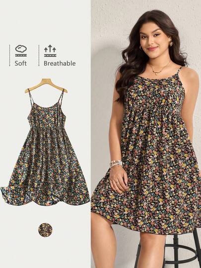 Comfylo 大码女式木扣肩带褶皱连衣裙 春季女装 夏季女装 夏季服装 复活节女装 西式女装