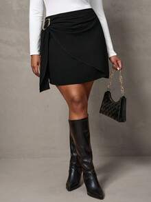 SHEIN Tall CURVE Plus Size Women's Solid Color Metal Decor Pleated Wrap Skirt - Black - View 8