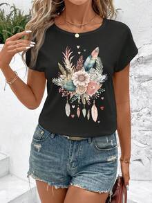 SHEIN LUNE Tricou de damă, cu gât rotund, cu imprimeu cu pene, lejer, potrivit pentru vară