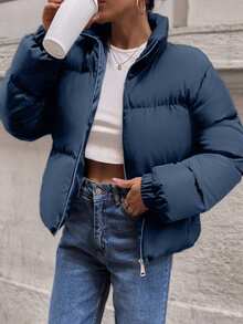 EURMUSE Short Padded Jacket In A Plain Design, Contrast Metal Colour Zipper - Dusty Blue - View 1