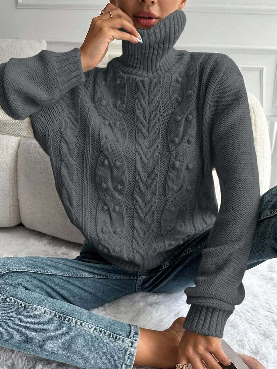 EURMUSE Áo len cổ lọ trơn màu thường ngày dành cho nữ, Thu/Đông - Xám - Xem 1