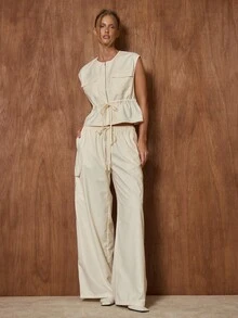 MUSERA Pocket Detail Lace Tie Waist Wide Leg Baggy Loose Fit Trousers Cute Date Night Going Out Night Out Work Office Clean Cut Winter Party Elegant - Beige - View 1