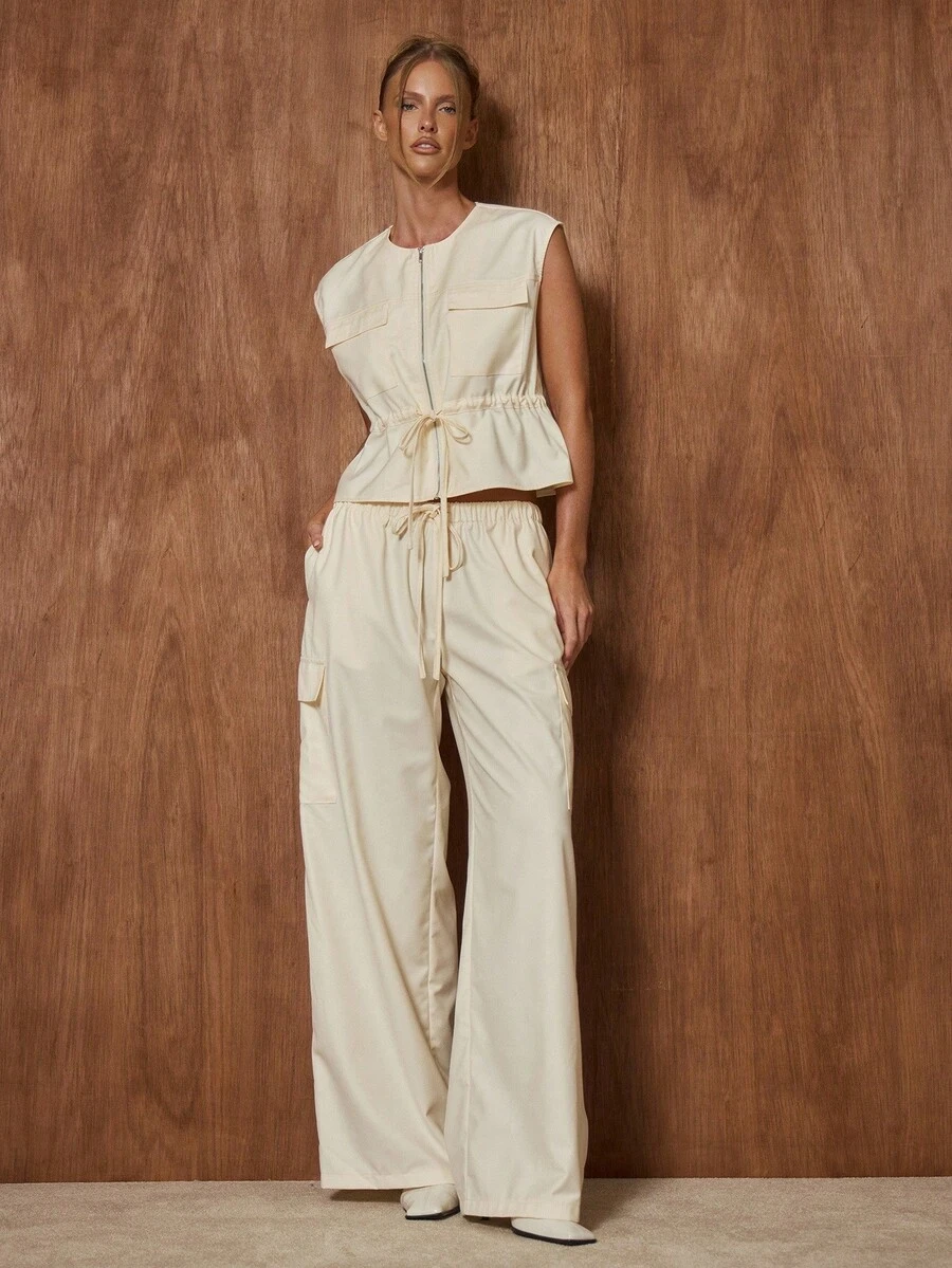 MUSERA Pocket Detail Lace Tie Waist Wide Leg Baggy Loose Fit Trousers Cute Date Night Going Out Night Out Work Office Clean Cut Winter Party Elegant - Beige - View 1